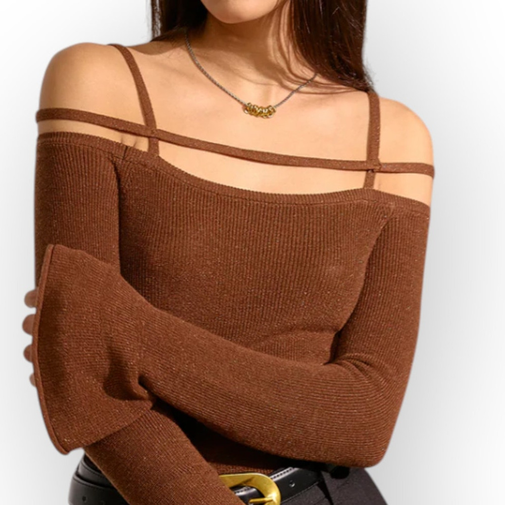 Commense Off Shoulder Knit Top Brown Flared Sleeve  XL NWT Romantic Chic